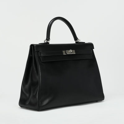 HERMES 헤르메스 Kelly 35 Kelly 35 가방, 토트 백, 숄더 백, 상자 송아지, 누아르, 검은 색, 실버 하드웨어