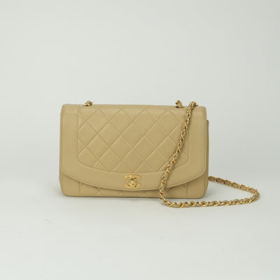 シャネル CHANEL ダイアナ マトラッセ バッグ ショルダーバッグ ラムスキン ベージュ ゴールド金具 チェーンショルダーバッグ ココマーク ターンロック シングルフラップ Sフラップ シングルチェーン Sチェーン