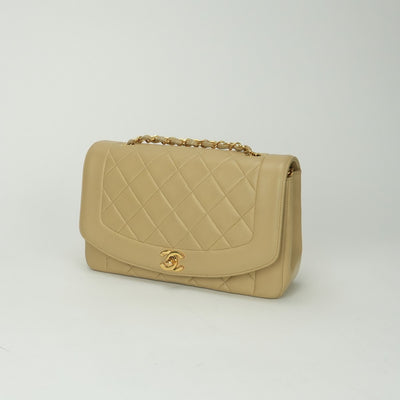 シャネル CHANEL ダイアナ マトラッセ バッグ ショルダーバッグ ラムスキン ベージュ ゴールド金具 チェーンショルダーバッグ ココマーク ターンロック シングルフラップ Sフラップ シングルチェーン Sチェーン