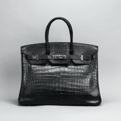 HERMES 헤르메스 Birkin 35 Birkin 35 가방, 토트 백, 폴로여, 악어, 느와르, 검은 색, 실버 피팅, 이국어