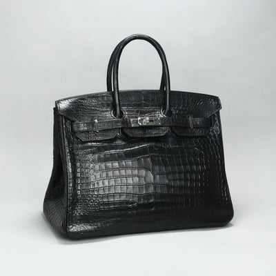 HERMES 헤르메스 Birkin 35 Birkin 35 가방, 토트 백, 폴로여, 악어, 느와르, 검은 색, 실버 피팅, 이국어