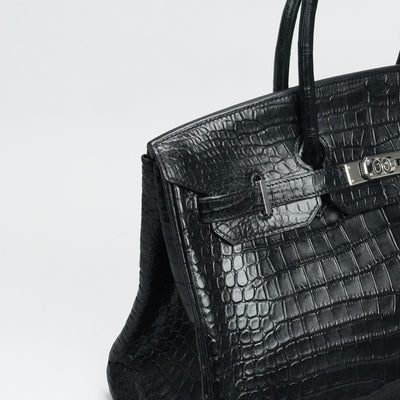 HERMES 헤르메스 Birkin 35 Birkin 35 가방, 토트 백, 폴로여, 악어, 느와르, 검은 색, 실버 피팅, 이국어
