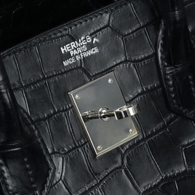 HERMES 헤르메스 Birkin 35 Birkin 35 가방, 토트 백, 폴로여, 악어, 느와르, 검은 색, 실버 피팅, 이국어