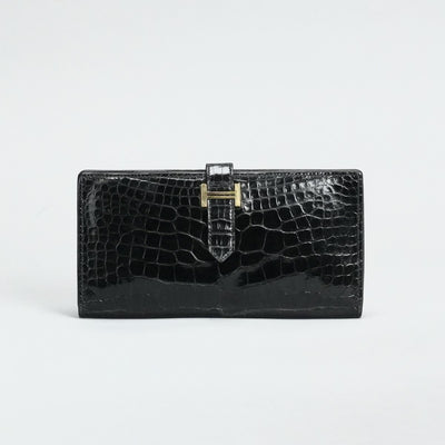 HERMES HERMES B?arn soufflet Bearn soufflet Wallet Long Wallet Long Wallet Alligator Crocodile Noir Black Gold Metal Exotic