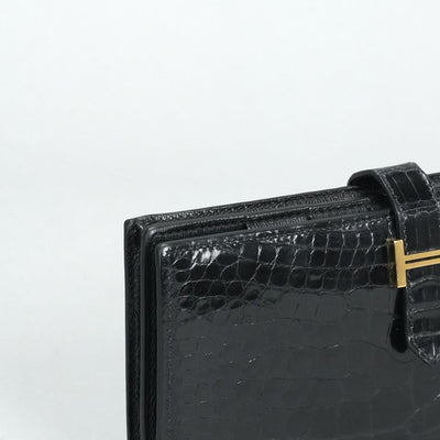 HERMES HERMES B?arn soufflet Bearn soufflet Wallet Long Wallet Long Wallet Alligator Crocodile Noir Black Gold Metal Exotic