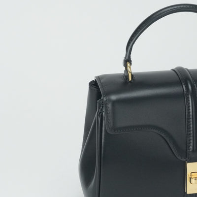 CELINE CELINE Saize Mini 16 Saize Bag Tote Bag Shoulder Bag Satined Calfskin Leather Black Gold Metal Fittings