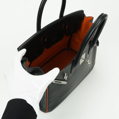 HERMES HERMES Birkin 30 Birkin 30 Bag, Tote Bag, Box Calf, Noir, Potyron, Black, Orange, Black, Silver Hardware Bicolor