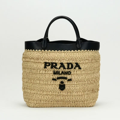 PRADA Prada Raffia Raffia Crochet 가방 토트 가방 가방 자연 검은 색 검은 색