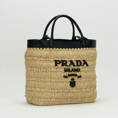 PRADA Prada Raffia Raffia Crochet 가방 토트 가방 가방 자연 검은 색 검은 색