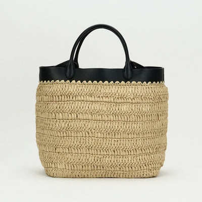 PRADA Prada Raffia Raffia Crochet 가방 토트 가방 가방 자연 검은 색 검은 색