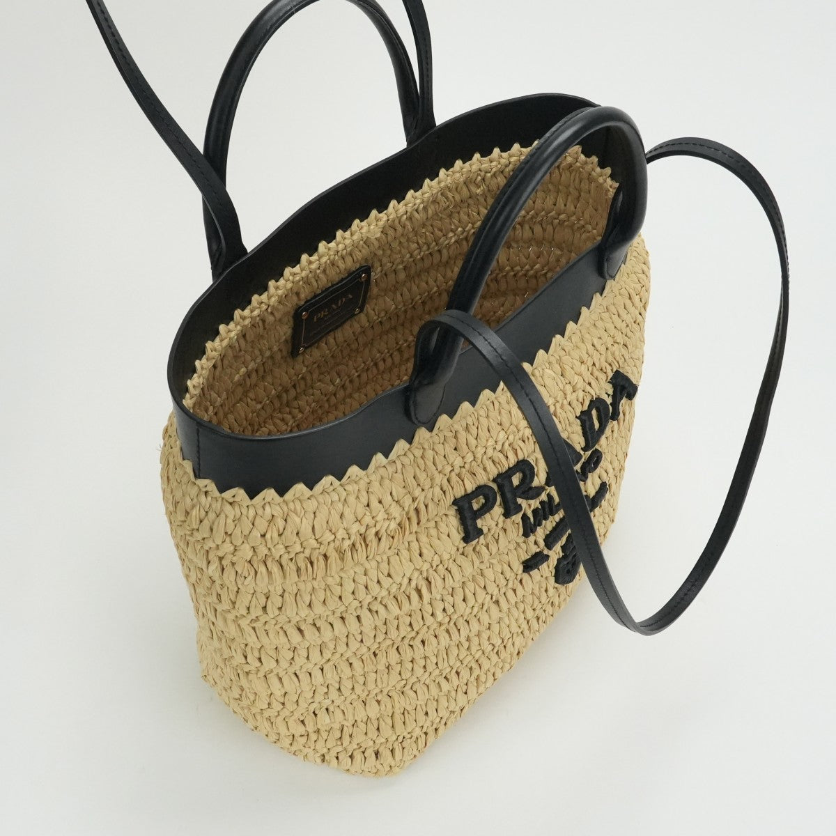 PRADA Prada Raffia Raffia Crochet 가방 토트 가방 가방 자연 검은 색 검은 색