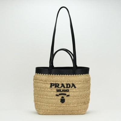 PRADA Prada Raffia Raffia Crochet 가방 토트 가방 가방 자연 검은 색 검은 색