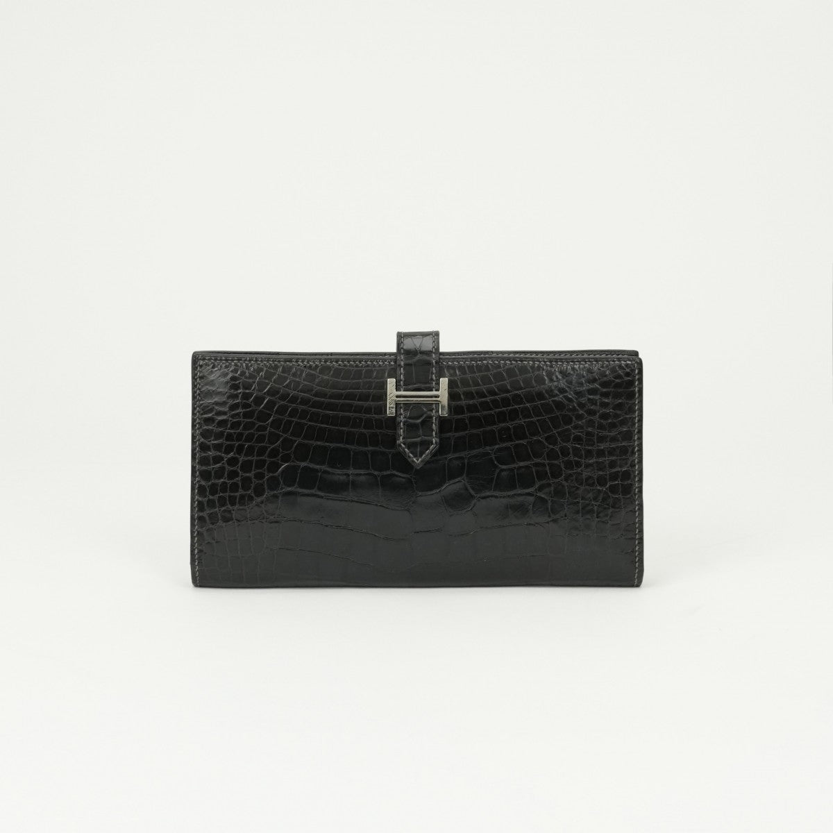 エルメス HERMES ベアン 財布 長財布 ロングウォレット アリゲーター クロコダイル グリアスファルト グレー シルバー金具