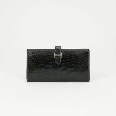 エルメス HERMES ベアン 財布 長財布 ロングウォレット アリゲーター クロコダイル グリアスファルト グレー シルバー金具