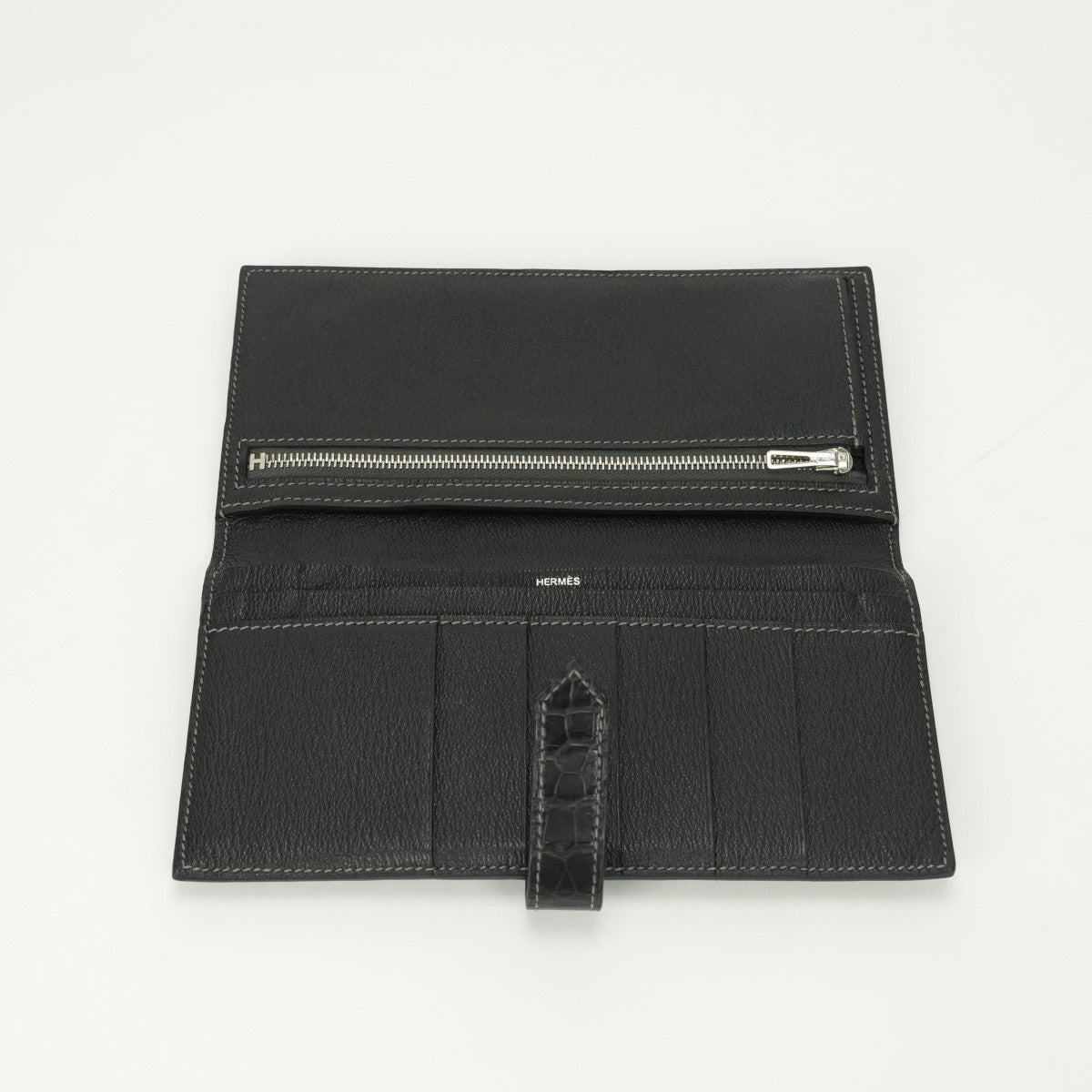 エルメス HERMES ベアン 財布 長財布 ロングウォレット アリゲーター クロコダイル グリアスファルト グレー シルバー金具