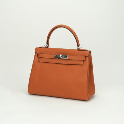 HERMES 헤르메스 Kelly 28 Kelly 28 가방, 토트 백, 숄더백, 토리 온 클레멘스, 오렌지, 실버 피팅, V 자형, 새로운 금속 피팅