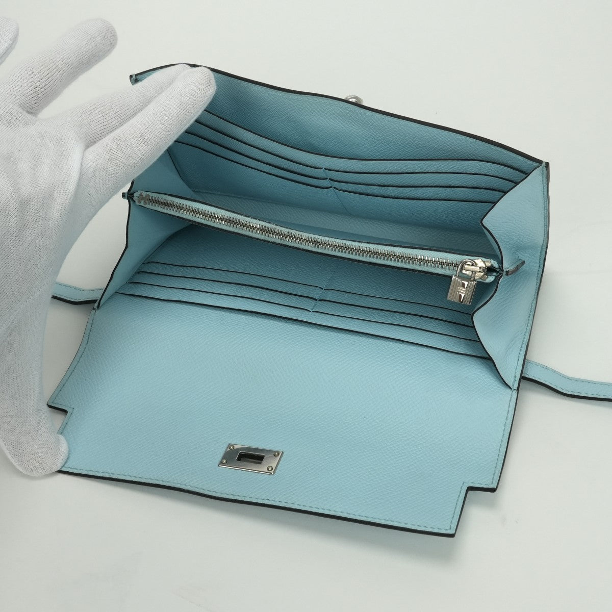 エルメス HERMES ケリーウォレット ケリーウォレットロング 財布 長財布 ロングウォレット エプソン ブルーゼフィール Bluezephyr ブルー 水色 シルバー金具 ヴォーエプソン