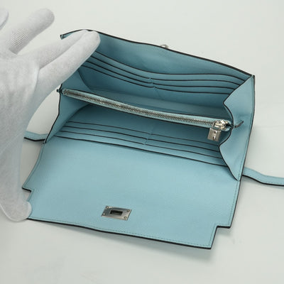 エルメス HERMES ケリーウォレット ケリーウォレットロング 財布 長財布 ロングウォレット エプソン ブルーゼフィール Bluezephyr ブルー 水色 シルバー金具 ヴォーエプソン