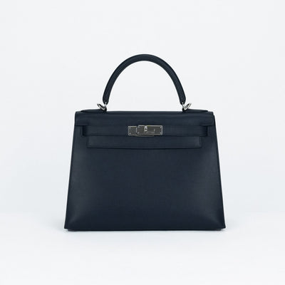 HERMES 爱马仕 Kelly 28 Kelly 28 袋，手提袋，肩膀袋，Lise，蓝色靛蓝，蓝色，海军，银色配件