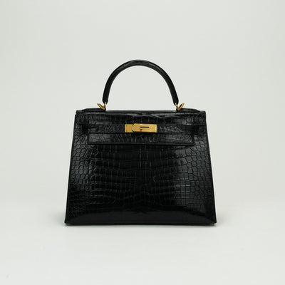 HERMES 헤르메스 Kelly 28 Kelly 28 가방, 토트 가방, 숄더 백, 폴로 스, 악어, 느와르, 검은 색, 금 피팅