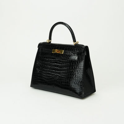 HERMES 헤르메스 Kelly 28 Kelly 28 가방, 토트 가방, 숄더 백, 폴로 스, 악어, 느와르, 검은 색, 금 피팅