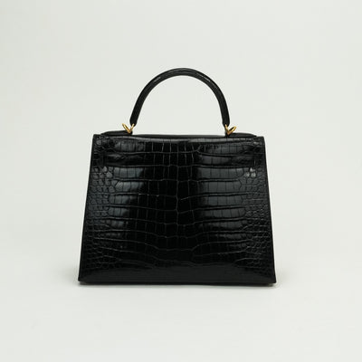HERMES 헤르메스 Kelly 28 Kelly 28 가방, 토트 가방, 숄더 백, 폴로 스, 악어, 느와르, 검은 색, 금 피팅