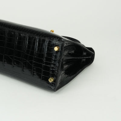 HERMES 헤르메스 Kelly 28 Kelly 28 가방, 토트 가방, 숄더 백, 폴로 스, 악어, 느와르, 검은 색, 금 피팅