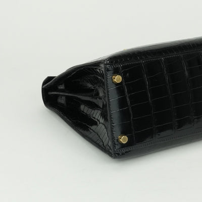 HERMES 헤르메스 Kelly 28 Kelly 28 가방, 토트 가방, 숄더 백, 폴로 스, 악어, 느와르, 검은 색, 금 피팅