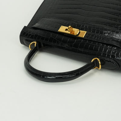 HERMES 헤르메스 Kelly 28 Kelly 28 가방, 토트 가방, 숄더 백, 폴로 스, 악어, 느와르, 검은 색, 금 피팅