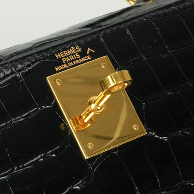 HERMES 헤르메스 Kelly 28 Kelly 28 가방, 토트 가방, 숄더 백, 폴로 스, 악어, 느와르, 검은 색, 금 피팅