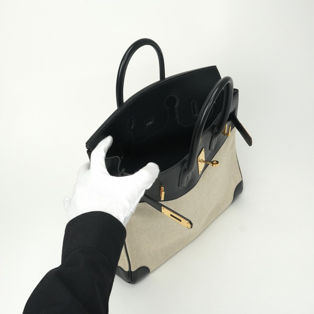 HERMES 爱马仕 Haut a courroies 32 Haut a courroies 32 手提袋Toile Ash Box Noir米色黑金硬件