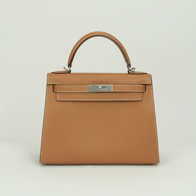 エルメス HERMES ケリー28 ケリー 28 外縫い バッグ トートバッグ ショルダーバッグ エプソン ゴールド ブラウン 茶 シルバー金具 ヴォーエプソン