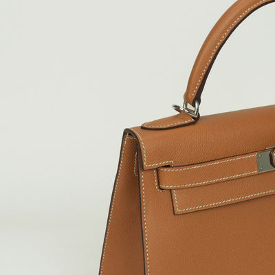 エルメス HERMES ケリー28 ケリー 28 外縫い バッグ トートバッグ ショルダーバッグ エプソン ゴールド ブラウン 茶 シルバー金具 ヴォーエプソン