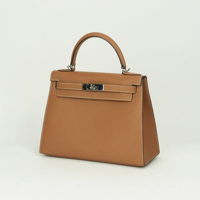 エルメス HERMES ケリー28 ケリー 28 外縫い バッグ トートバッグ ショルダーバッグ エプソン ゴールド ブラウン 茶 シルバー金具 ヴォーエプソン