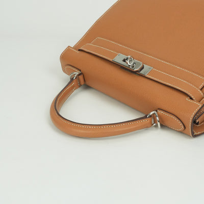 エルメス HERMES ケリー28 ケリー 28 外縫い バッグ トートバッグ ショルダーバッグ エプソン ゴールド ブラウン 茶 シルバー金具 ヴォーエプソン