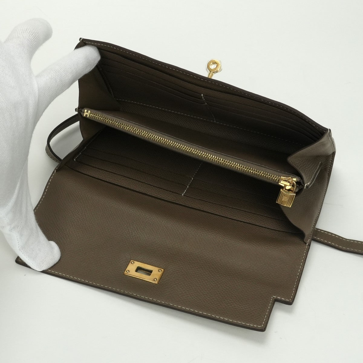 エルメス HERMES ケリーウォレット ケリーウォレットロング 財布 長財布 ロングウォレット エプソン エトゥープ Etoupe グレー Gray ゴールド金具