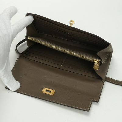 エルメス HERMES ケリーウォレット ケリーウォレットロング 財布 長財布 ロングウォレット エプソン エトゥープ Etoupe グレー Gray ゴールド金具