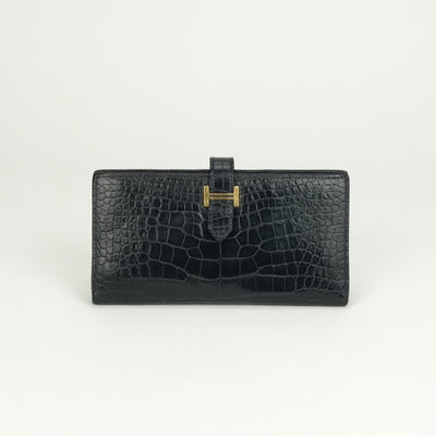 エルメス HERMES ベアンスフレ ベアン スフレ 財布 長財布 ロングウォレット アリゲーター クロコダイル ブルーマリン ネイビー 紺 ゴールド金具 エキゾチック