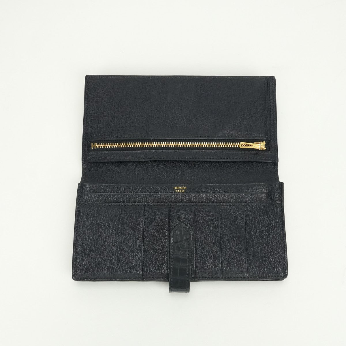 エルメス HERMES ベアンスフレ ベアン スフレ 財布 長財布 ロングウォレット アリゲーター クロコダイル ブルーマリン ネイビー 紺 ゴールド金具 エキゾチック