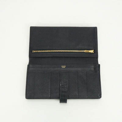 エルメス HERMES ベアンスフレ ベアン スフレ 財布 長財布 ロングウォレット アリゲーター クロコダイル ブルーマリン ネイビー 紺 ゴールド金具 エキゾチック