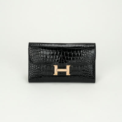 エルメス HERMES コンスタンスロング コンスタンス ロング 財布 長財布 ロングウォレット アリゲーター クロコダイル ノワール ブラック 黒 ローズゴールド金具 エキゾチック ピンクゴールド金具