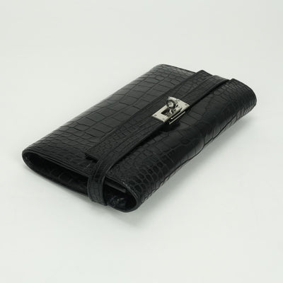 エルメス HERMES ケリーウォレット ケリーウォレットロング 財布 長財布 ロングウォレット アリゲーター クロコダイル ノワール Noir ブラック Black 黒 シルバー金具 エキゾチック