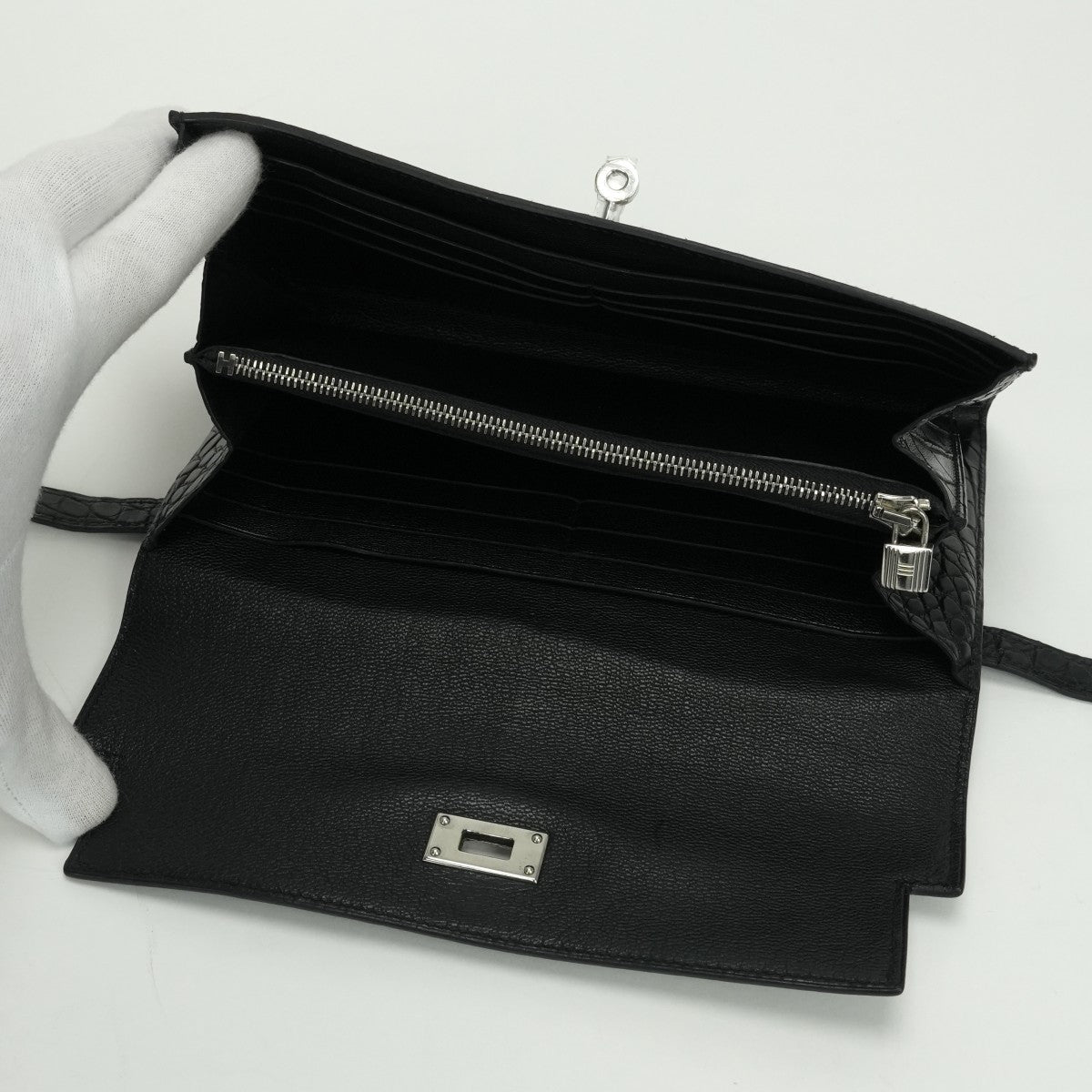 エルメス HERMES ケリーウォレット ケリーウォレットロング 財布 長財布 ロングウォレット アリゲーター クロコダイル ノワール Noir ブラック Black 黒 シルバー金具 エキゾチック