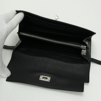 エルメス HERMES ケリーウォレット ケリーウォレットロング 財布 長財布 ロングウォレット アリゲーター クロコダイル ノワール Noir ブラック Black 黒 シルバー金具 エキゾチック