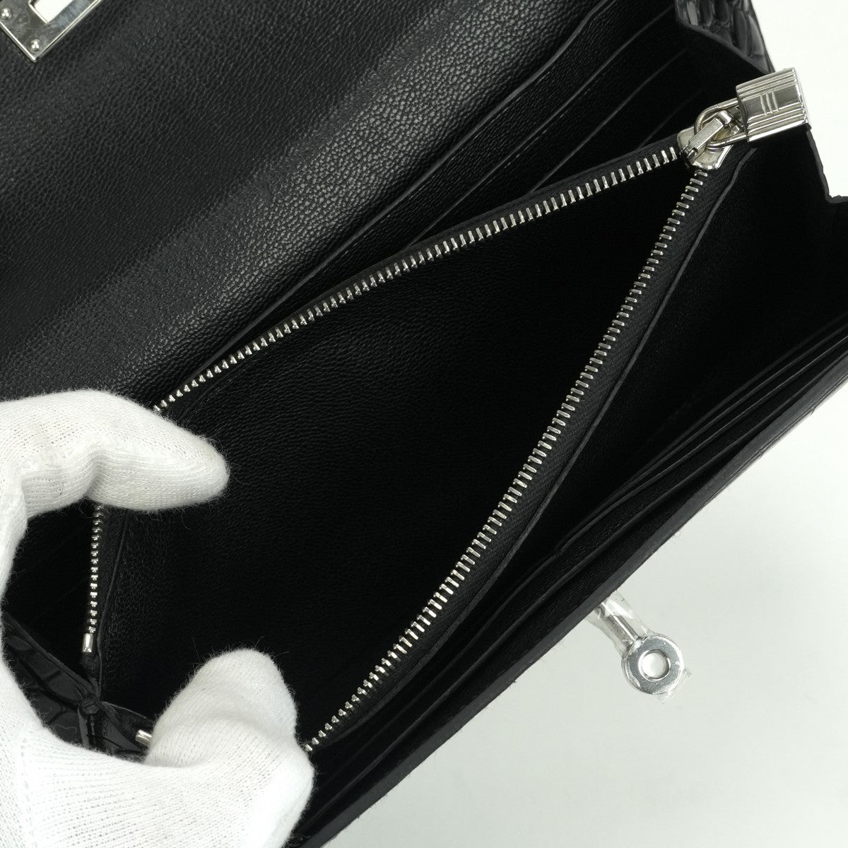 HERMES 헤르메스 Kelly wallet Kelly wallet long 지갑 롱 지갑 롱 지갑 악어 악어 악어 누아르 누아 블랙 블랙 실버 메탈 피팅 이국