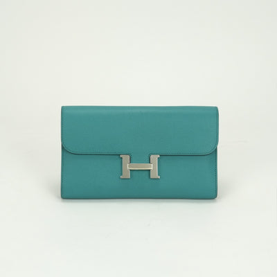 エルメス HERMES コンスタンスロング コンスタンス ロング 財布 長財布 ロングウォレット エプソン ブルーパオン　blue paon ブルー blue グリーン Green 青 緑 シルバー金具 ヴォーエプソン