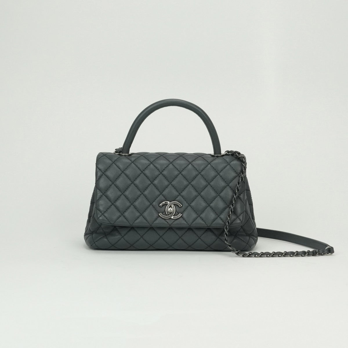 CHANEL 샤넬 Matelass? Coco handle 가방, 토트 백, 숄더백, 캐비어 피부, 회색, 건메탈 금속 피팅, 상단 손잡이, 체인 숄더백, 2way, 코코 마크, 턴 잠금