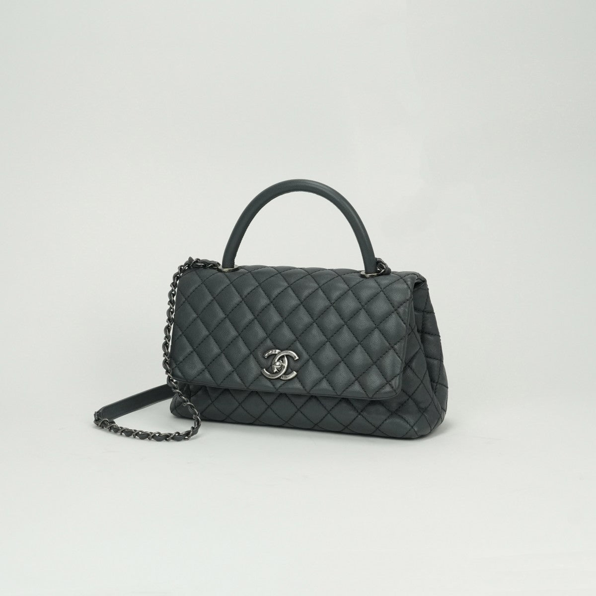 CHANEL 샤넬 Matelass? Coco handle 가방, 토트 백, 숄더백, 캐비어 피부, 회색, 건메탈 금속 피팅, 상단 손잡이, 체인 숄더백, 2way, 코코 마크, 턴 잠금