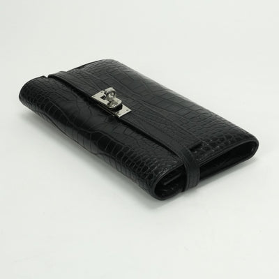 エルメス HERMES ケリーウォレット ケリーウォレットロング 財布 長財布 ロングウォレット アリゲーター クロコダイル ノワール Noir ブラック Black 黒 シルバー金具 エキゾチック