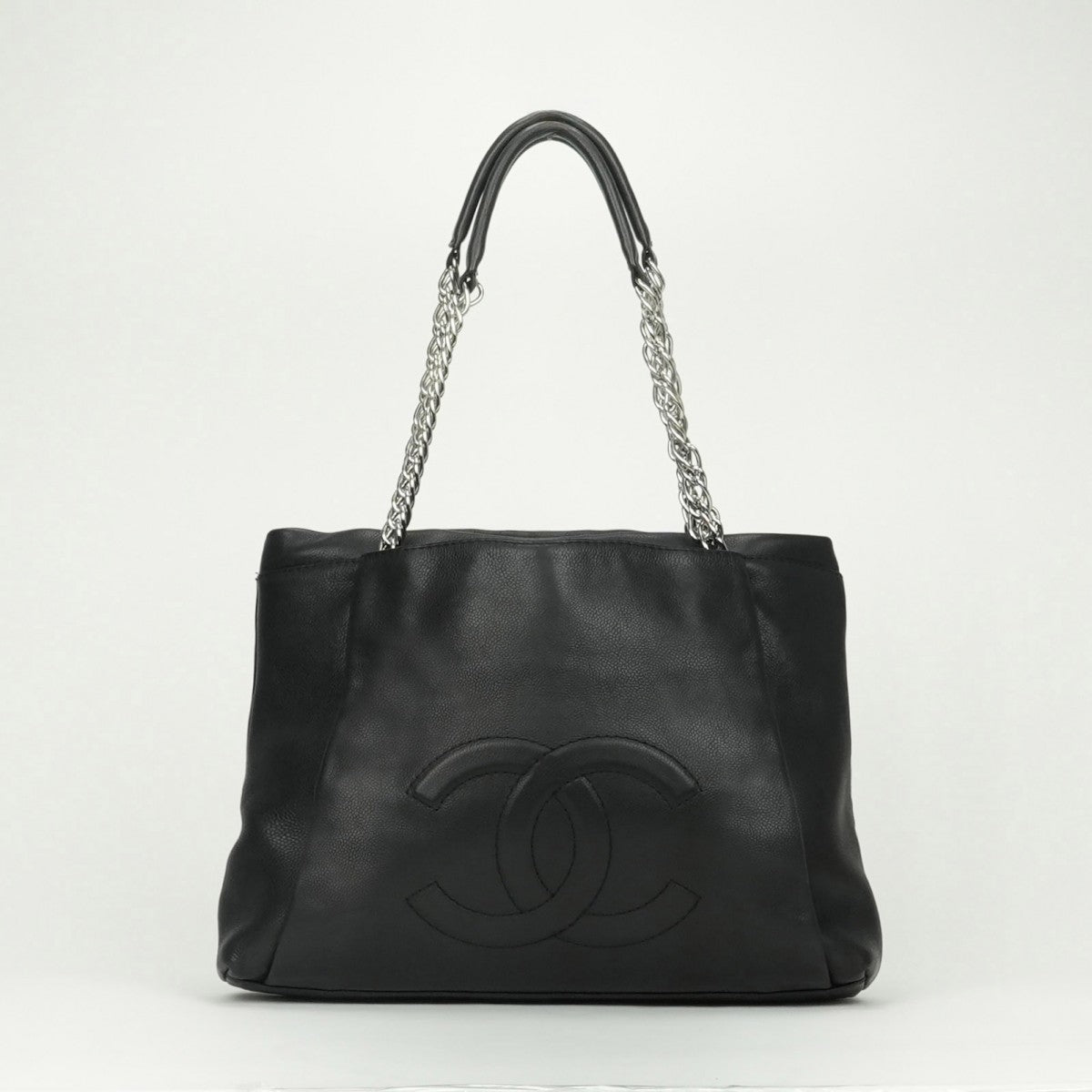CHANEL 샤넬 체인 토트 백 체인 토트 가방 가방 토트 백 캐비어 피부 검은 검은 실버 하드웨어 캐비어 피부 큰 코코 숄더백